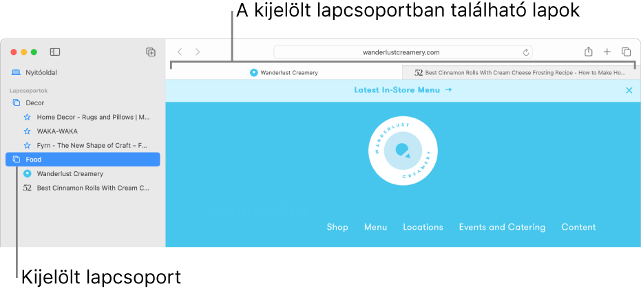 Egy Safari-ablak az oldalsávval és egy kijelölt lapcsoporttal.