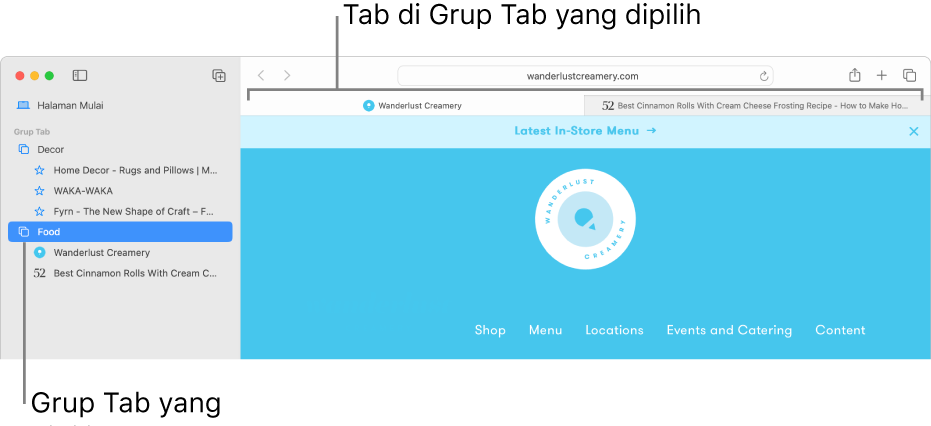 Jendela Safari menampilkan bar samping dengan Grup Tab dipilih.
