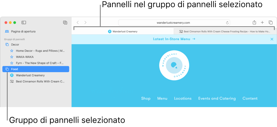 Una finestra di Safari che mostra la barra laterale con un gruppo di pannelli selezionato.
