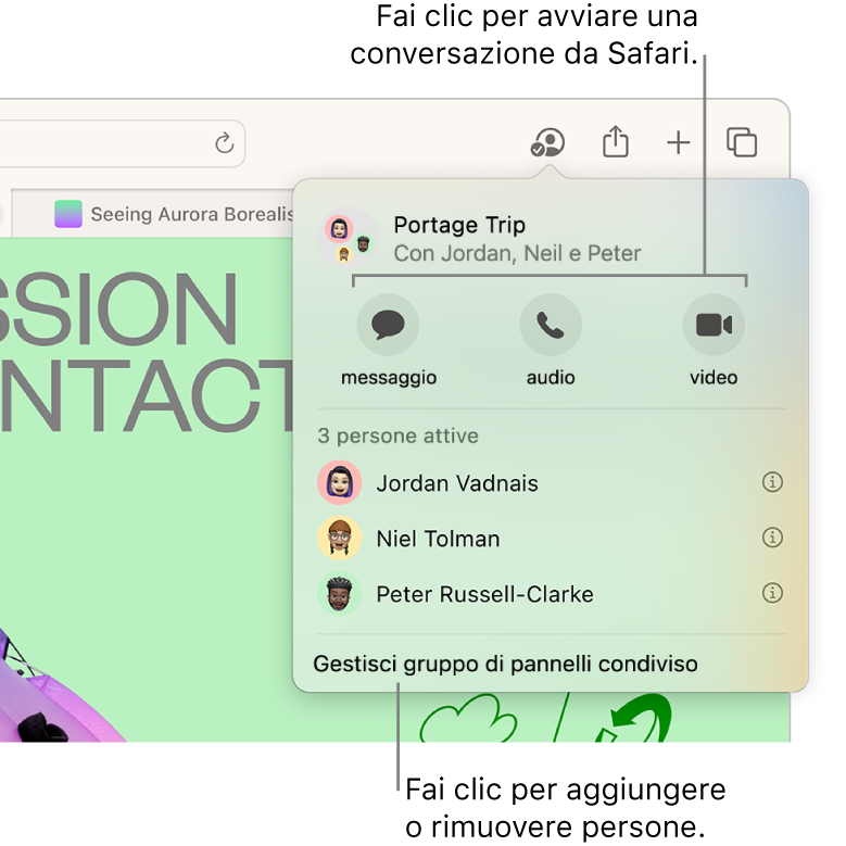Una finestra che elenca le persone in un gruppo di pannelli condiviso.
