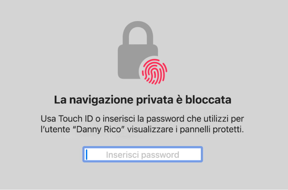 Una finestra che richiede il Touch ID o la password per sbloccare i pannelli e le finestre di “Navigazione privata”.