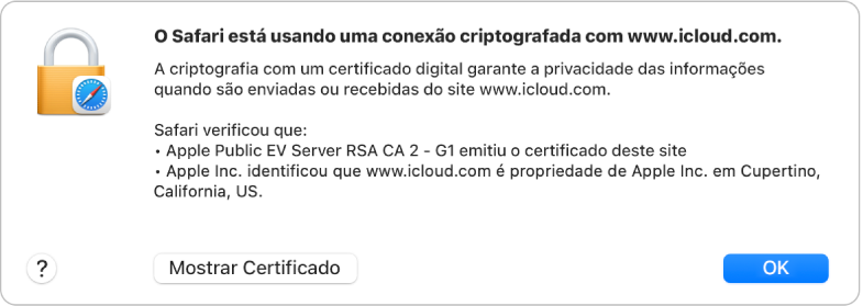 Os detalhes de segurança para uma conexão com icloud.com.
