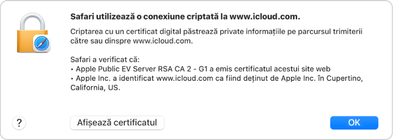 Detaliile de securitate pentru o conexiune la icloud.com.