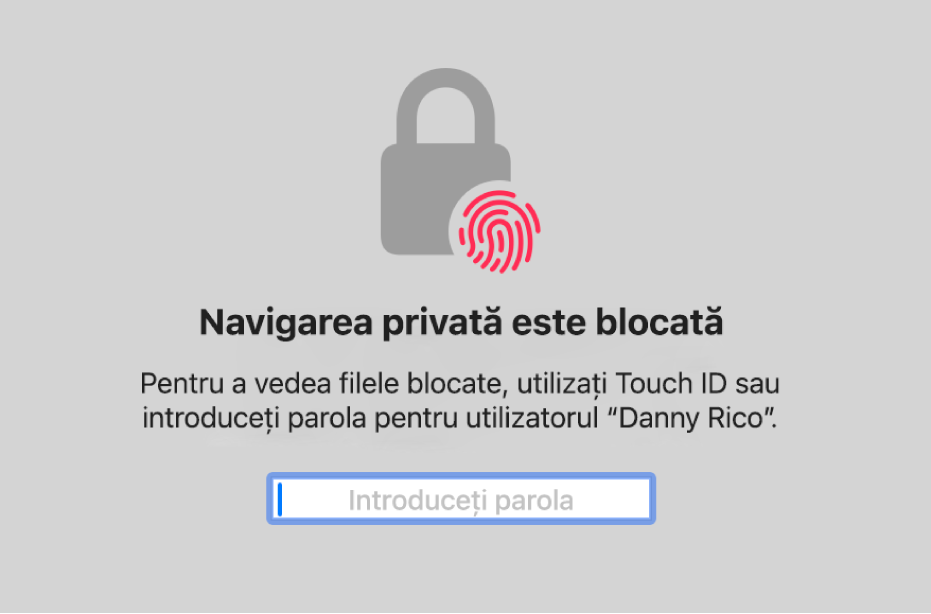 O fereastră care solicită Touch ID sau parola pentru a debloca ferestrele Navigare privată.