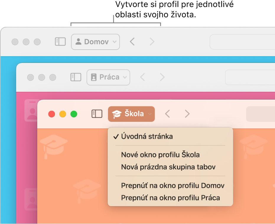 Tri okná profilov v Safari: jedno pre domov, jedno pre prácu a jedno pre školu.