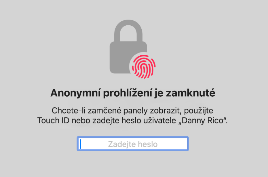 Okno s výzvou k odemknutí oken anonymního prohlížení pomocí Touch ID nebo zadání hesla