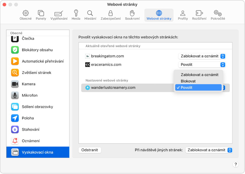 Položka Vyskakovací okna v nastavení Safari s vybranou volbou Povolit pro nastavenou webovou stránku.