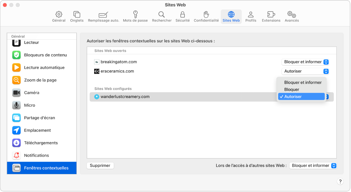 L’option Fenêtres contextuelles pour les réglages Safari réglée à Autoriser pour un site Web configuré.