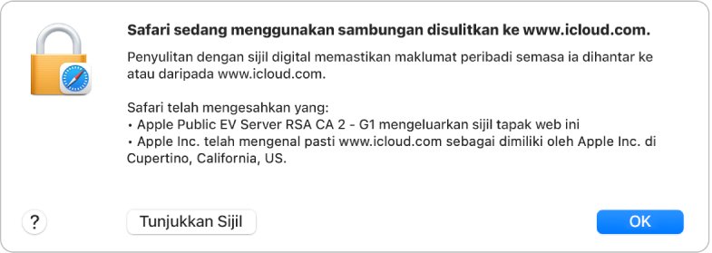 Butiran keselamatan untuk sambungan ke icloud.com.