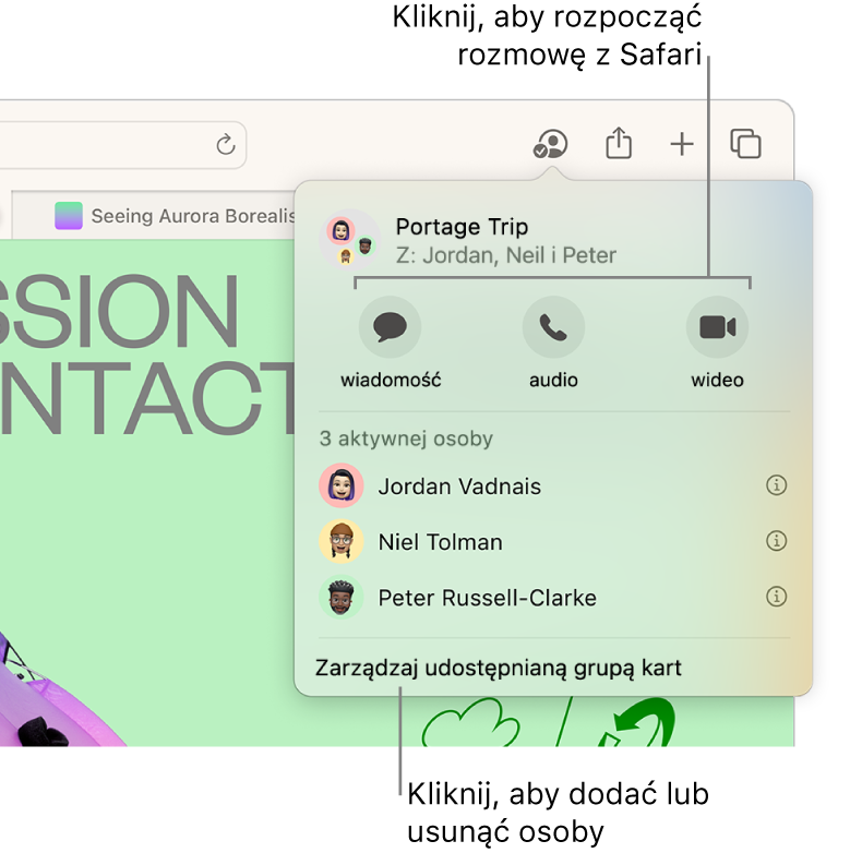 Okno z listą osób korzystających z udostępnianej grupy kart.