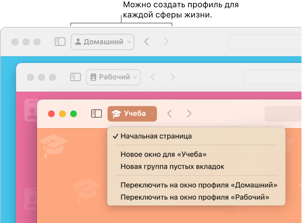 Показаны три окна профилей Safari: один для личного пользования, второй для работы и третий для учебы.