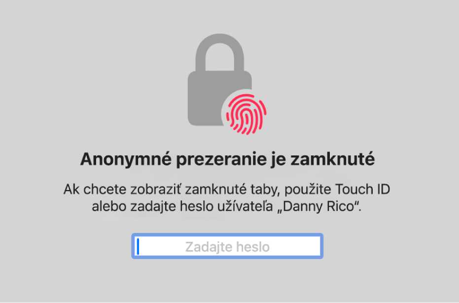 Okno, ktoré žiada Touch ID alebo heslo na odomknutie okien v režime anonymného prezerania.