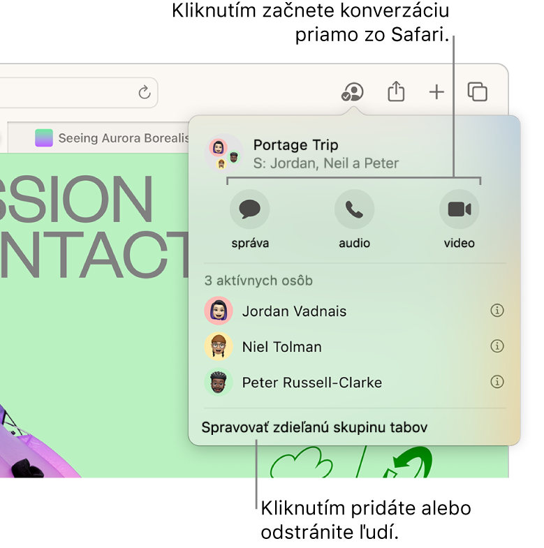 Okno so zoznamom ľudí v zdieľanej skupine tabov.