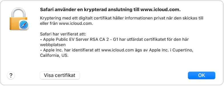Säkerhetsdetaljerna för en anslutning till icloud.com.