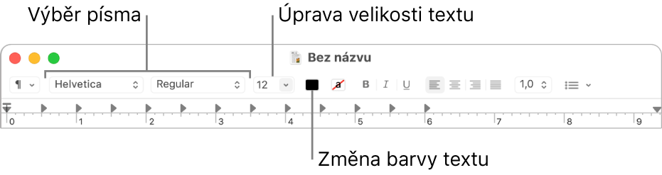 Panel nástrojů TextEditu s volbami pro úpravu velikosti, barvy a písma textu