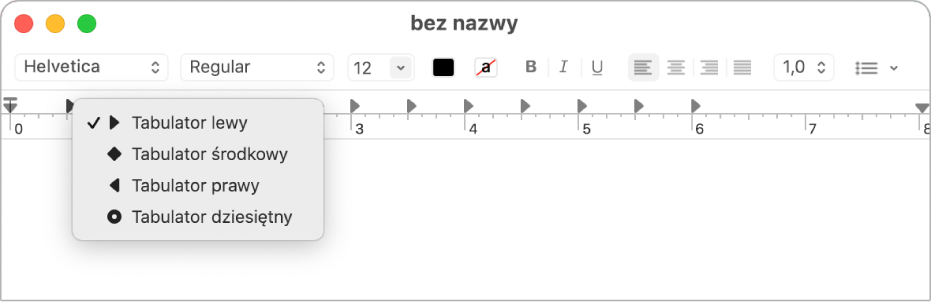Linijka z opcjami pozycji tabulatora.