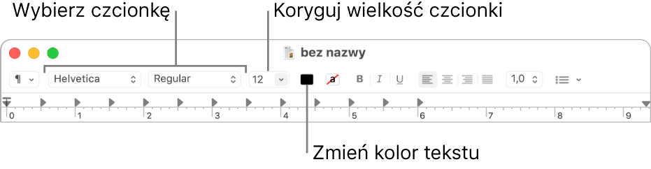 Pasek narzędzi aplikacji TextEdit z opcjami dostosowywania wielkości, koloru i czcionki tekstu.