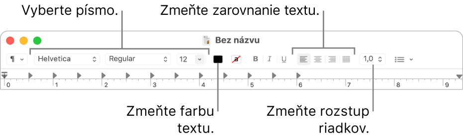 Panel s nástrojmi aplikácie TextEdit pre dokument s formátovaným textom zobrazujúci ovládanie písma, zarovnania textu a rozstupu.