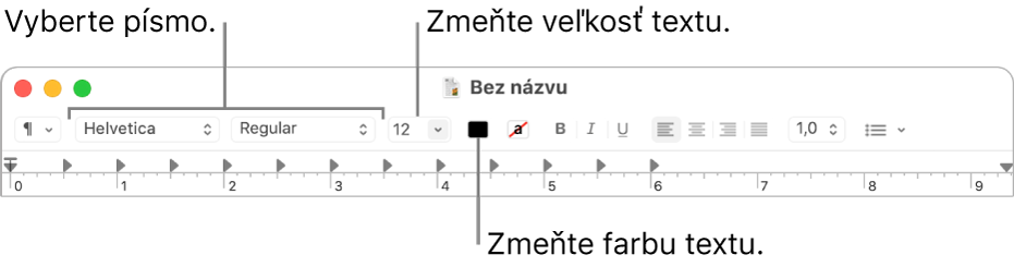 Panel s nástrojmi aplikácie TextEdit zobrazujúci možnosti na úpravu veľkosti textu, farby a písma.