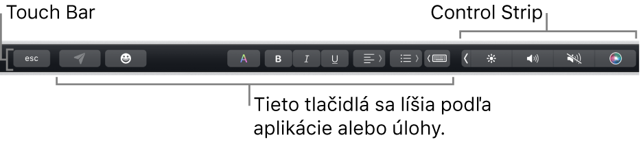 Touch Bar v hornej časti klávesnice so zbaleným Control Stripom na pravej strane a tlačidlami, ktoré sa líšia v závislosti od apky alebo úlohy.