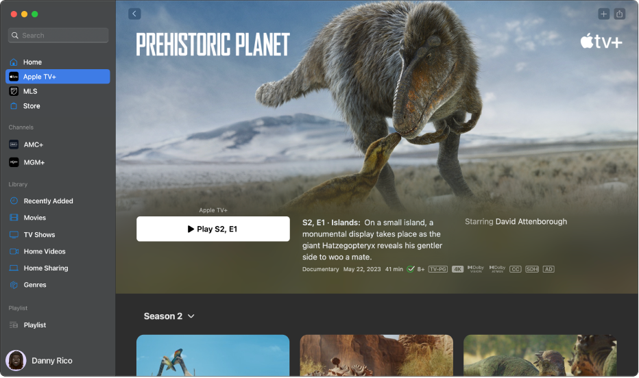 Apple TV+ 프로그램에 대한 자세한 정보를 표시한 Apple TV 앱.
