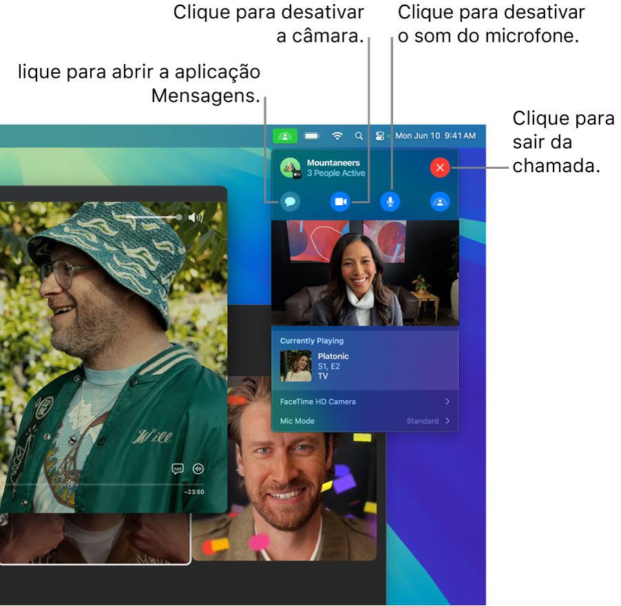 Controlos do SharePlay mostrados na barra de menus, incluindo botões para abrir a aplicação Mensagens, tirar o som ao microfone, desativar a câmara e sair da chamada.