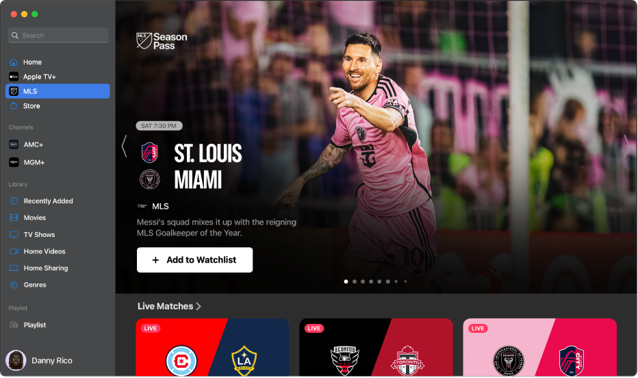 Aplicația Apple TV cu fila MLS deschisă.