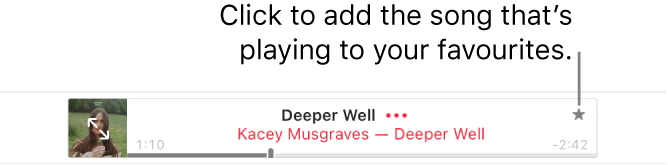 The top of Apple Music with a song playing. Click the Favourites button to the right of the song title to mark the song that’s playing as a favourite.