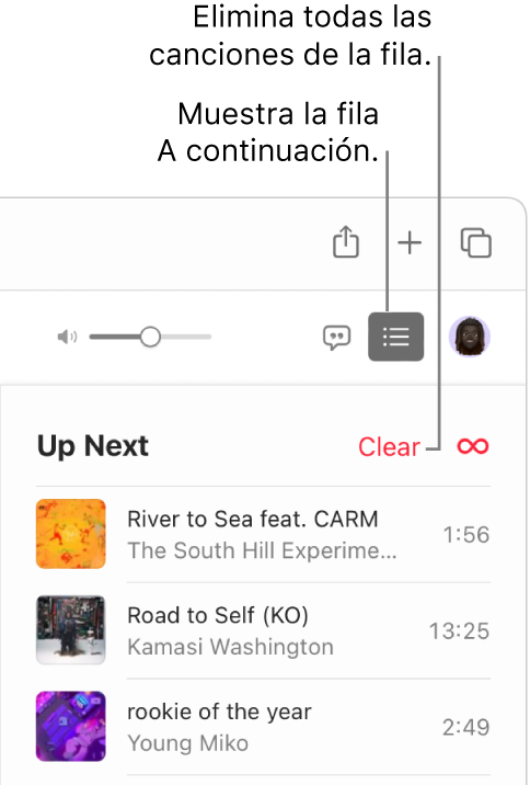 El botón A continuación en la esquina superior derecha de Apple Music está seleccionado y la fila A continuación está visible. Haz clic en el enlace Borrar en la parte superior de la lista para eliminar todas las canciones de la fila.