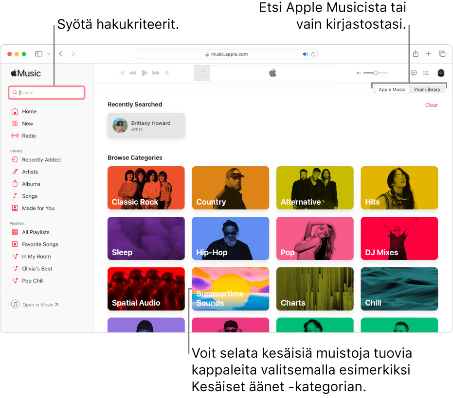 Apple Music -ikkuna, jossa näkyy hakukenttä vasemmassa yläkulmassa, kategorialuettelo keskellä ja Apple Music tai kirjastosi oikeassa yläkulmassa. Syötä hakukriteerit hakukenttään ja valitse sitten, etsitäänkö koko Apple Musicista vai vain kirjastostasi. Voit halutessasi valita kategorian, kuten Kesäiset äänet, voidaksesi selata luetteloa kappaleista, jotka muistuttavat sinua kesästä.