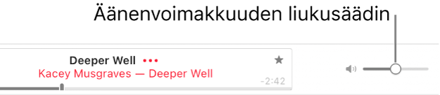 Äänenvoimakkuuden liukusäädin yläoikealla Apple Musicissa.