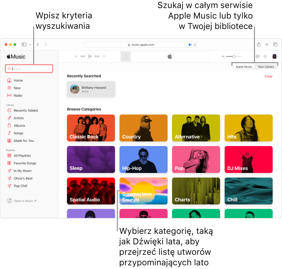 Okno Apple Music z polem wyszukiwania w lewym górnym rogu. Na środku okna widoczna jest lista kategorii. W prawym górnym rogu widoczny jest przełącznik umożliwiający szukanie w Apple Music lub w Twojej bibliotece. Wprowadź kryteria wyszukiwania w polu Szukaj, a następnie wybierz, czy chcesz szukać w całej zawartości Apple Music, czy tylko w swojej bibliotece. Opcjonalnie możesz wybrać kategorię — na przykład Dźwięki lata, pozwalającą przeglądać listę utworów, które przypominają o lecie.