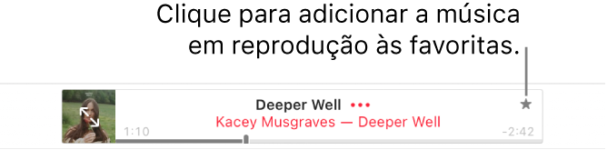 Parte superior do Apple Music com uma música sendo reproduzida. Clique no botão Favoritos à direita do título da música para marcar como favorita a música que está sendo reproduzida.