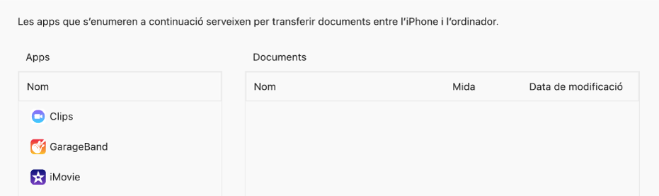 La finestra “Arxius” amb apps que es poden sincronitzar amb un dispositiu.