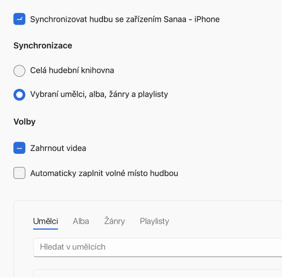 Okno aplikace Apple Devices s volbami synchronizace hudby