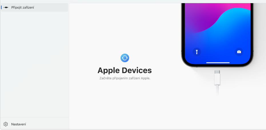 Hlavní okno aplikace Apple Devices s výzvou k připojení zařízení Apple.