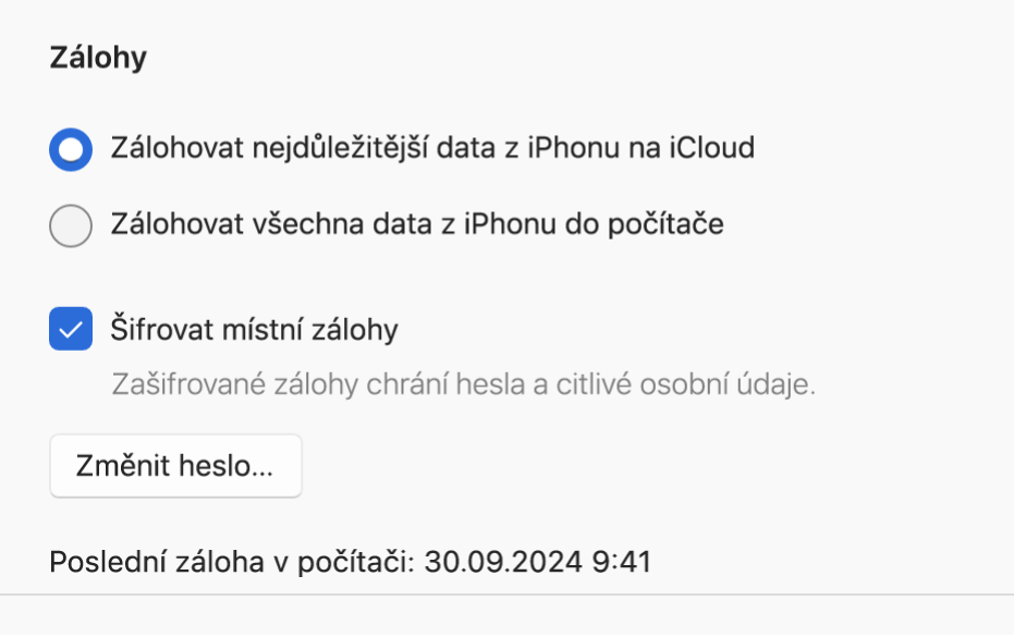 Okno aplikace Apple Devices s volbami pro zálohování a obnovení zařízení Apple