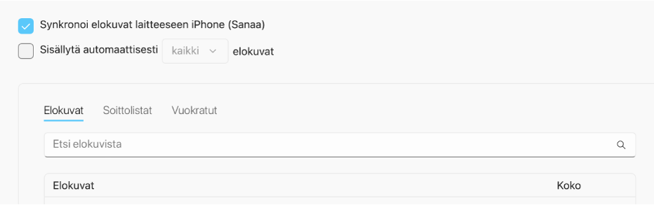 ”Synkronoi elokuvat [laitteeseen]” ‑valintaneliö on valittu. Sen alapuolella on valittu Sisällytä automaattisesti ‑valintaneliö, ja ponnahdusvalikossa on valittu ”kaikki”.