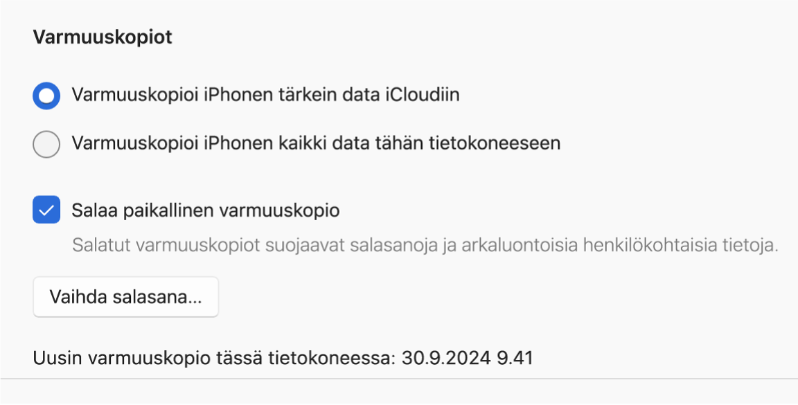 Apple-laitteet-ikkuna, jossa näkyvät valinnat Apple-laitteen varmuuskopioinnille ja palautukselle.
