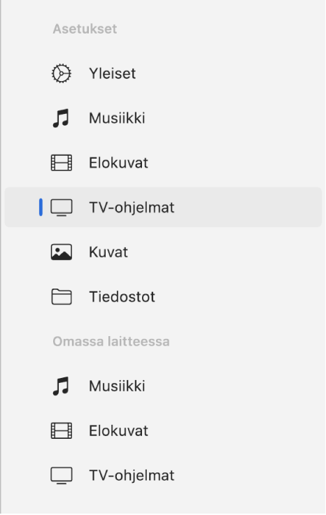 Sivupalkki, jossa on valittuna TV-ohjelmat.