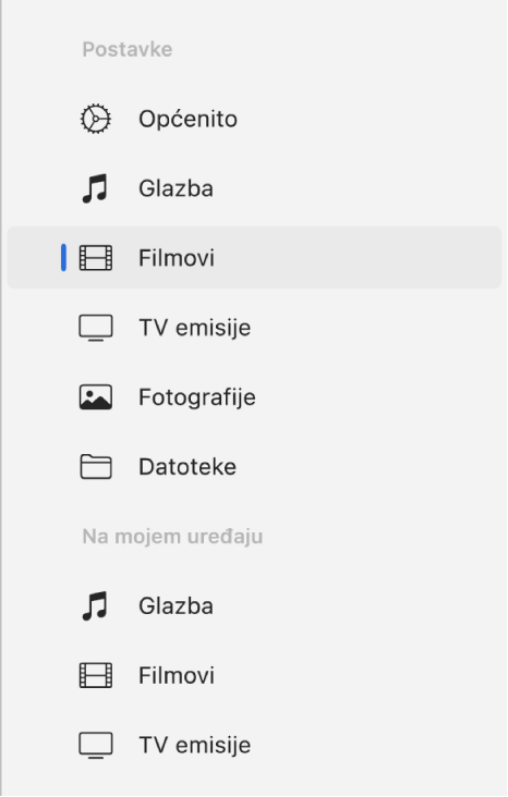 Rubni stupac u kojem su odabrani Filmovi.