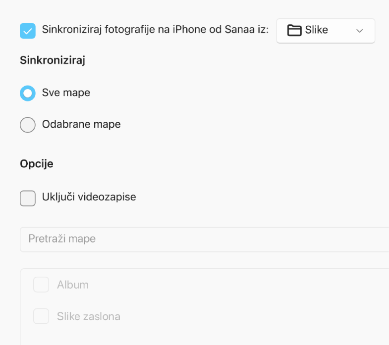 “Sve fotografije i albumi” i kružići za označavanje Odabrani albumi pojavljuju se s kućicama ispod “Samo omiljeno, “Uključi videozapise” i “Automatski uključi fotografije iz”.
