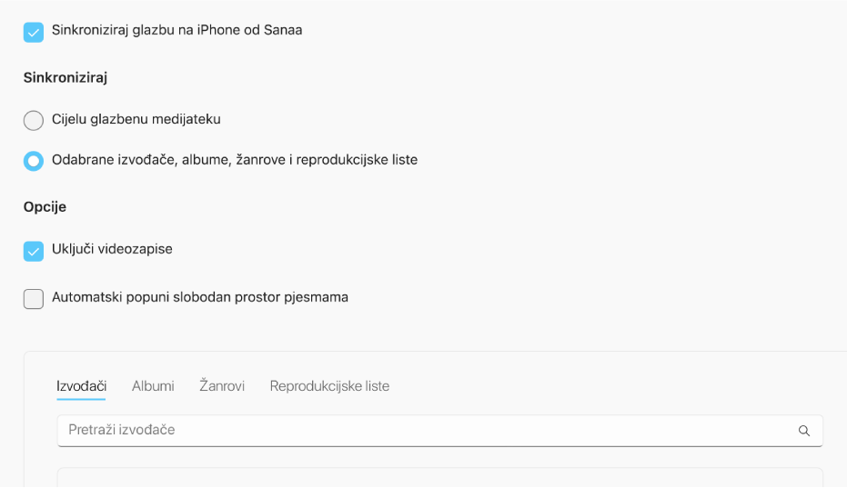 Kvadratić “Sinkroniziraj glazbu na uređaj” pojavljuje se s dodatnim opcijama za sinkroniziranje vaše cijele medijateke ili samo odabrane glazbe s videozapisima i audio snimkama.