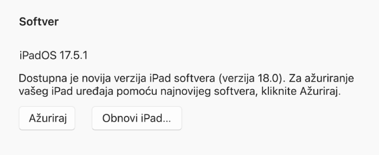 Tipka “Obnovi [uređaj]” pojavljuje se pokraj tipke “Potraži ažuriranje”.