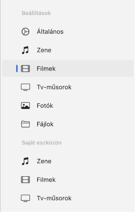 Az oldalsáv a kijelölt Filmek elemmel.