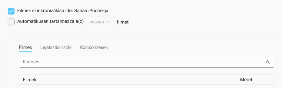 A „Filmek szinkronizálása a(z) [eszköz] eszközre” jelölőnégyzet be van jelölve, és alatta látható az „Autom. tartalmazza” felugró menü.