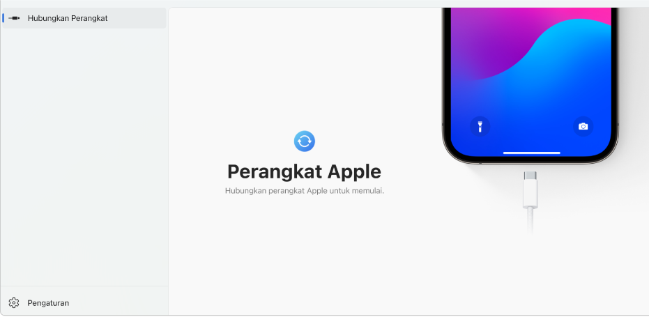 Jendela utama Perangkat Apple yang menampilkan perintah untuk menghubungkan perangkat Apple.