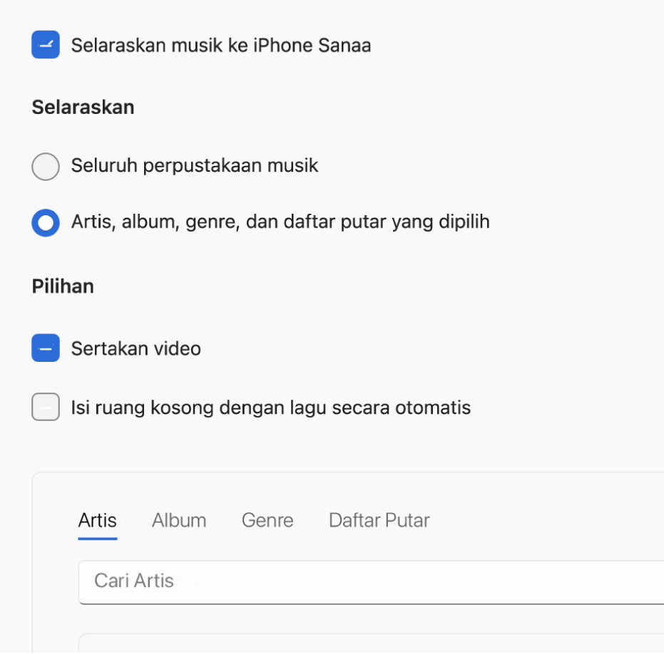 Jendela Perangkat Apple yang menampilkan pilihan penyelarasan untuk musik.