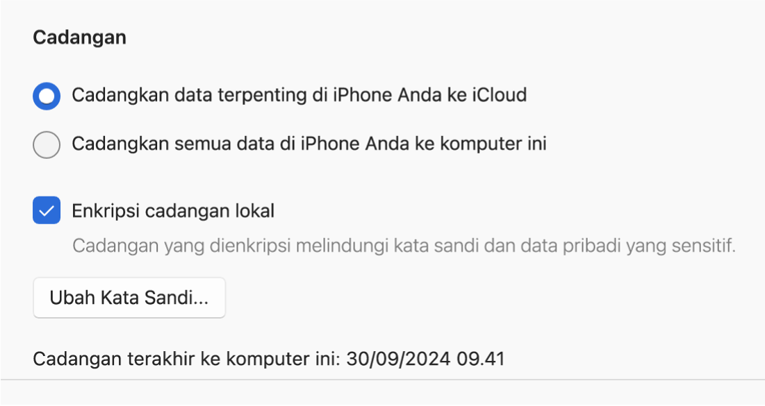 Jendela Perangkat Apple yang menampilkan pilihan untuk mencadangkan dan memulihkan perangkat Apple.