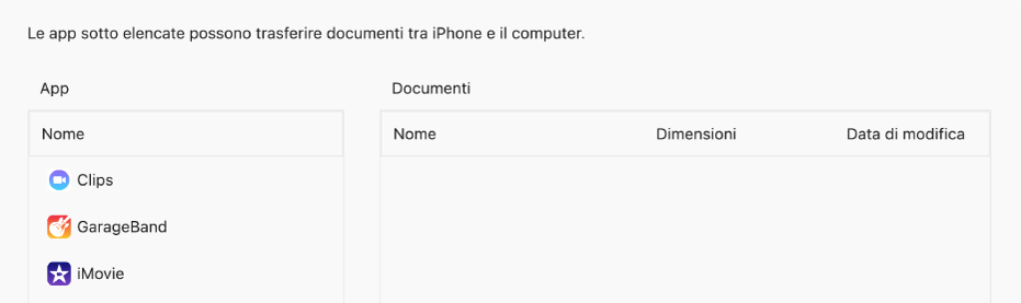 La finestra File che mostra le app che è possibile sincronizzare su un dispositivo.
